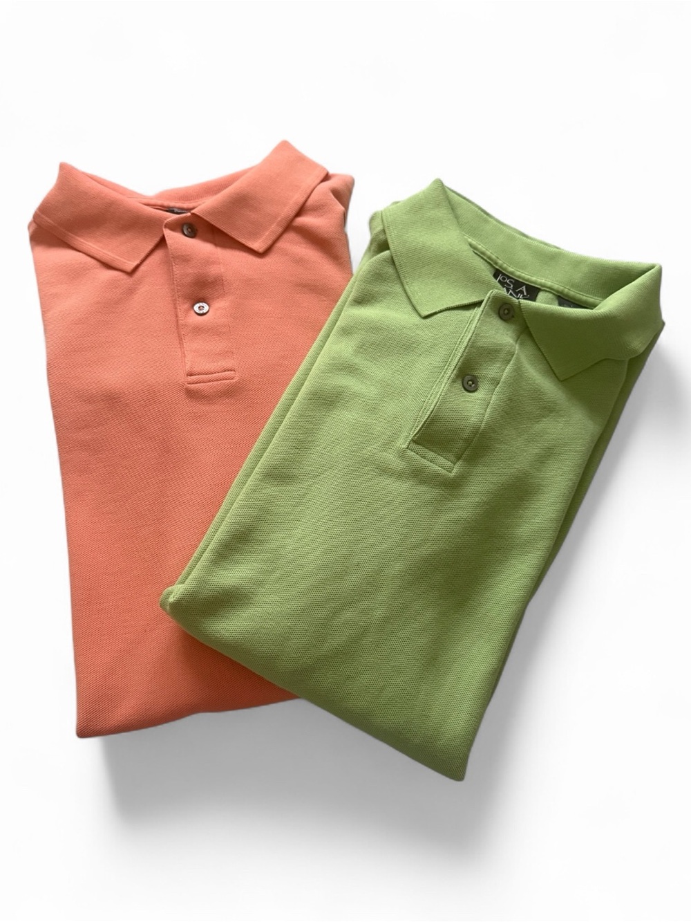 Two Jos A Bank Cotton Pique Polo Shirts Short Sleeve Orange Lime Green Men’s L